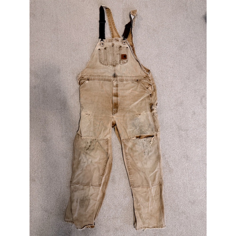Vintage Carhartt R06 211 Mens 44x34 Tan Cotton Duck Canvas Overalls Distressed